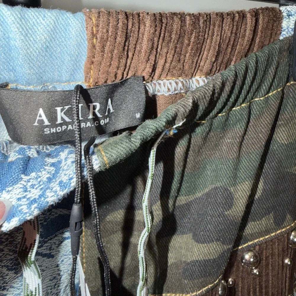 Akira Mixed Media Patchwork Studded Wide Leg Cargo Pants Multicolor NWT M - Picture 9 of 10